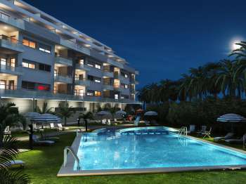 Infografía Edif. Marinasraset, Denia, Alicante (exterior, nocturna)